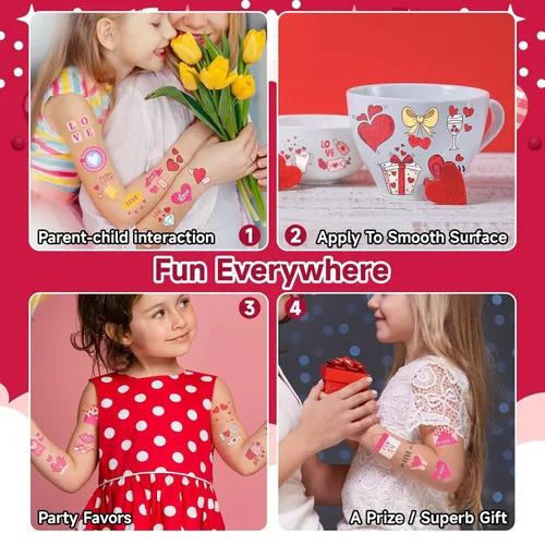 Vista 7 de EMOME 204 tatuajes con purpurina de San Valentín para niños, envueltos individualmente, tatuajes temporales para niñas, lindos tatuajes temporales