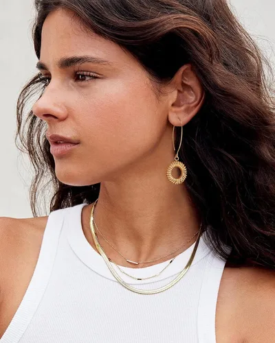 Vista 5 de Aretes colgantes largos de oro con forma de bola de simicírculo para mujer, ligeros, circular, moneda, geométricos, planos, cepillados, chapados