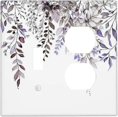 Vista 53 de Cubierta de tomacorriente eléctrico dúplex individual estilo campestre con diseño floral de flores y pájaros en blanco y negro, placa de pared de 1