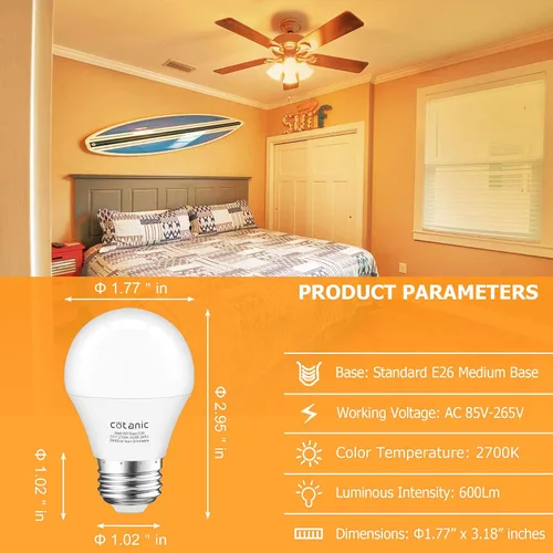 Vista 3 de Cotanic Bombillas para ventilador de techo de 2700 K, blanco cálido, bombilla LED A15 E26 base de tornillo mediano, bombilla pequeña de 6 W