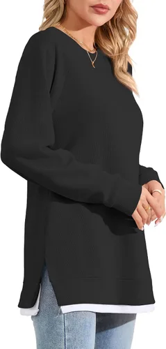 Vista 4 de YSYOKOW Women Crewneck Sweatshirt Long Sleeve Pullover Trendy Side Slit Tunic Casual Color Block Tops