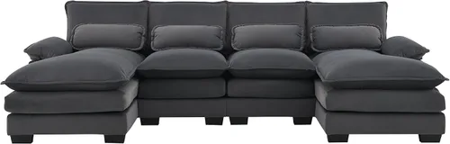 Vista 8 de Moderno sofá modular en forma de U con almohadas para la cintura, sofá cama con diván, sofá tapizado simétrico de felpilla de 6 asientos para sala