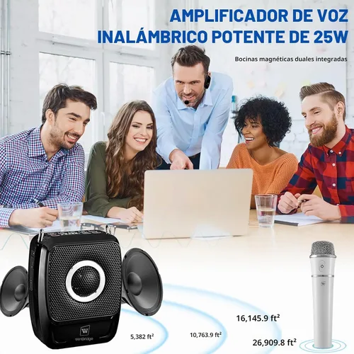 Vista 2 de Amplificador de voz con micrófonos profesionales duales, micrófono portátil inalámbrico de 25 W y sistema de altavoces, altavoz Bluetooth