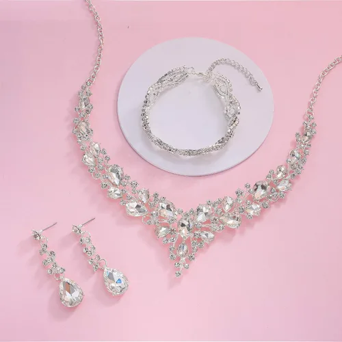 Vista 6 de Paxuan - Collar de plata con cristales de imitación para boda aretes brazalete corona tiara juegos de joyería para novias damas de honor vestidos