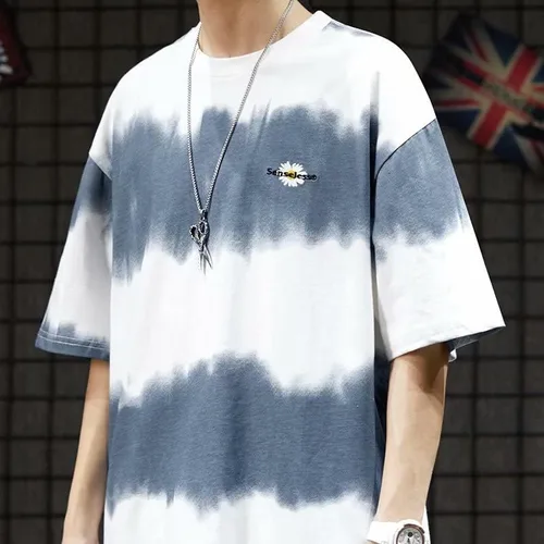 Vista 4 de Camiseta de gran tamaño con diseño de teñido anudado para hombre, diseño de margaritas, ropa de calle, hip-hop, manga corta, camiseta indie