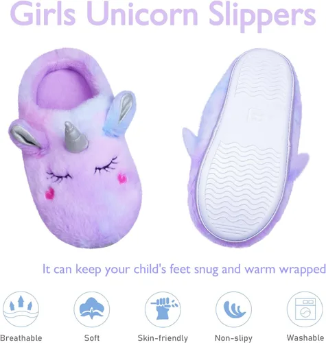 Vista 2 de EDCYF Pantuflas de felpa para niña, cómodas, de piel sintética, suela de goma antideslizante, zapatos de casa para dormitorio de niños, zapatos