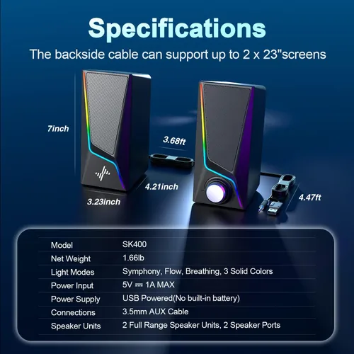 Vista 6 de Nylavee Altavoces de computadora para escritorio, altavoces de PC con 6 Alimentado por USB con AUX de 0.1 in, unidades de altavoces duales y 2