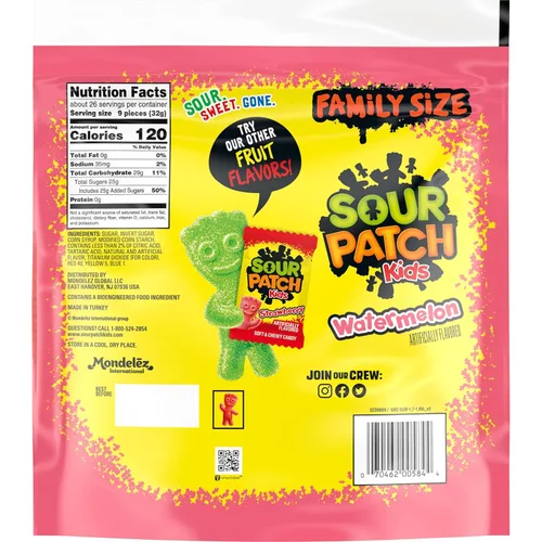 Vista 3 de SOUR PATCH KIDS Caramelo suave y masticable de sandía, tamaño familiar, caramelo a granel, 1.8 libras