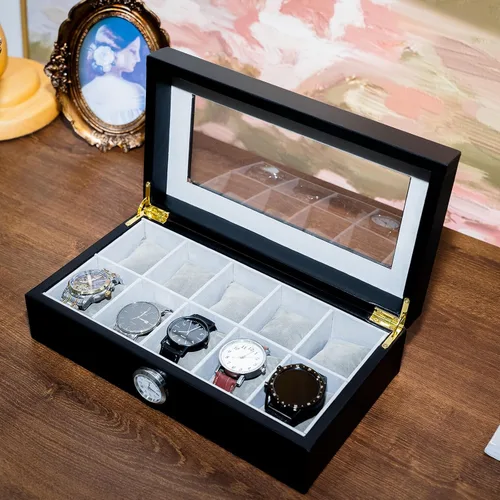 Vista 2 de Caja de reloj con 10 ranuras de vidrio transparente para hombres y mujeres, exquisito almacenamiento de reloj negro con piel sintética superior