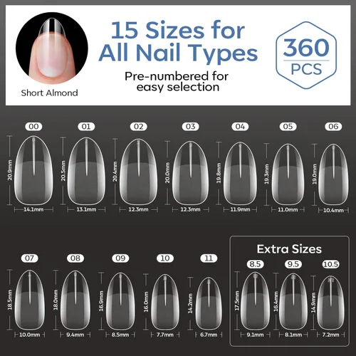 Vista 7 de Modelones Puntas de uñas cortas de almendra, 360 unidades, transparentes