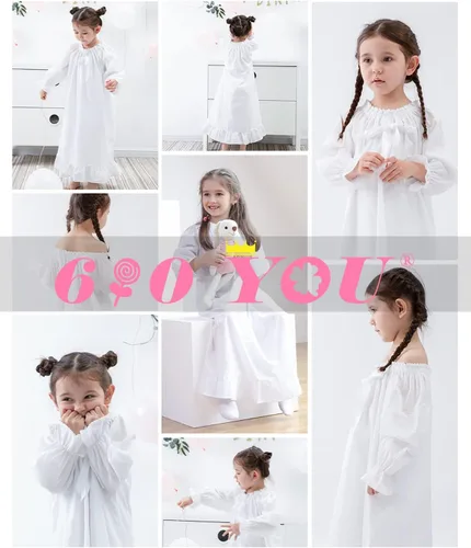 Vista 5 de Camisones para niñas, vestidos de pijama vintage de algodón para niñas, pijamas de manga larga para niños