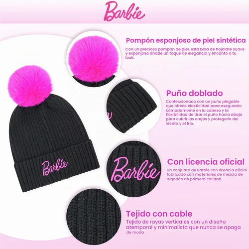 Vista 2 de Gorro de invierno Barbie para mujer – Gorros de invierno con guantes para mujer, gorros cálidos, gorro de punto rosa Sombrero y guantes negros