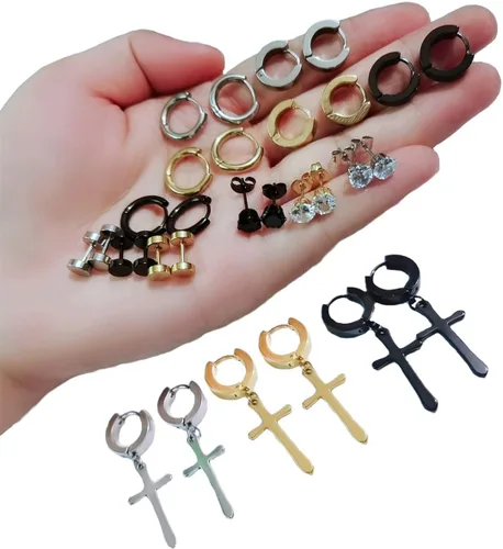 Vista 6 de Juego de 15 pares de aretes colgantes de acero inoxidable con bisagras, aretes tipo dormilona con circonita cúbica para hombres y mujeres, joyería