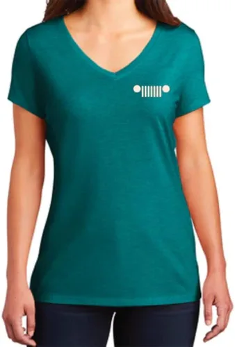 Vista 2 de Jeep Live Love Explore Logo Camiseta con cuello en V para mujer, color verde azulado jaspeado