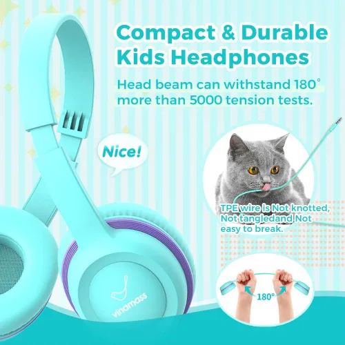 Vista 2 de vinamass Auriculares para niños, auriculares con cable para niños con limitador de volumen seguro, auriculares para niños con cable de 0.138 in