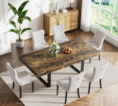 Vista 21 de Juego de mesa de comedor extensible marrón de 63 a 78.74 pulgadas para 4, juego de mesa de comedor de 5 piezas con 4 sillas tapizadas, mesa