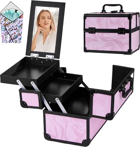 Vista 11 de Neceser de Tren de Maquillaje, Estuche de Maquillaje Portátil con Espejo, Organizador de Cosméticos de 2 Bandejas, Organizador de Esmalte de Uñas