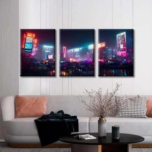 Vista 2 de Lienzo decorativo para pared de sala de estar, lienzo Cyberpunk, decoración de pared de 3 paneles, decoración de pared para el hogar, dormitorio