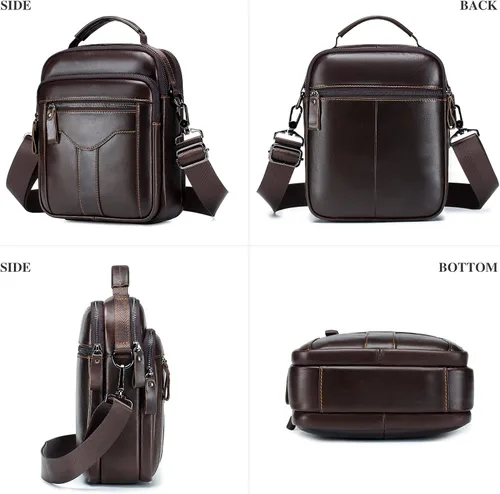 Vista 2 de BAIGIO Bolso bandolera de cuero genuino para hombre, bolso de mensajero pequeño para hombre, bolso de cuero para regalo de padre