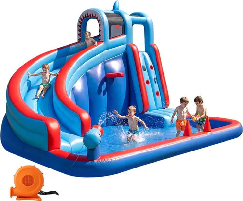 Vista 9 de Tobogán acuático inflable para patio trasero de niños con soplador de 450 W, castillo de salto con tobogán de agua, parque acuático para actividades