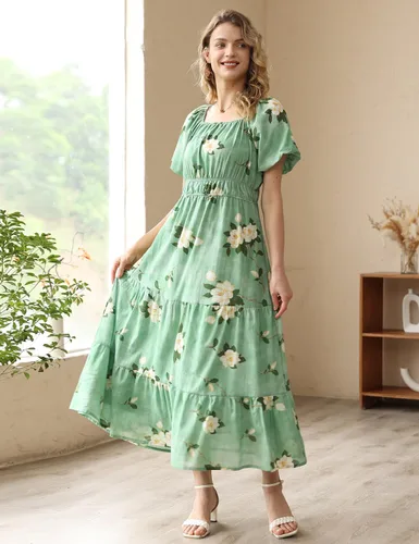 Vista 2 de YESNO Vestido floral casual de verano 2023 para mujer, cuello cuadrado, manga corta, cintura ceñida, maxi vestido con bolsillos, E11