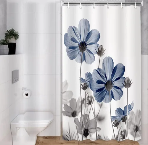 Vista 3 de MERCHR Cortina única floral azul para decoración de baño, cortina de ducha estilo granja con flores de margarita azul y gris elegantes y diseño