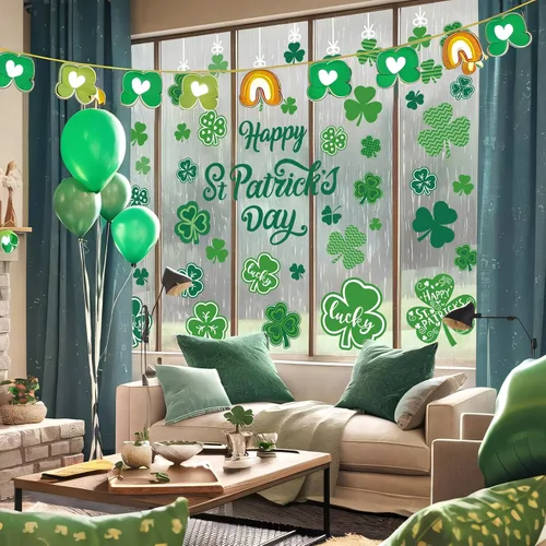Vista 4 de Whaline Adhesivos de Ventana Felices del Día de San Patricio Pegatinas Verdes de Trébol Adhesivos de Vidrio de Trébol Afortunado de Doble Cara