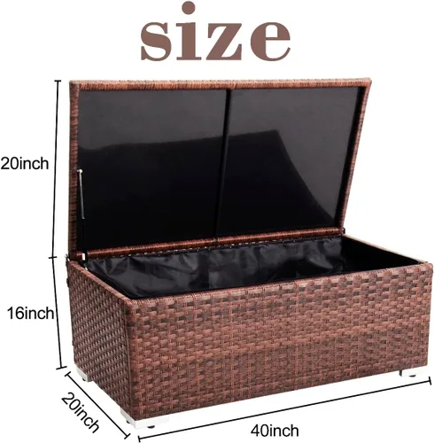 Vista 8 de DIMAR GARDEN Mesa de almacenamiento al aire libre de 42 galones, caja de almacenamiento de mimbre para patio con cubierta impermeable, marrón