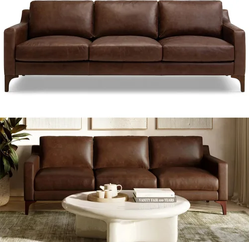 Vista 8 de POLY & BARK Mateo 82” Sofá – Cuero italiano de grano completo y acabado de anilina en color chocolate marrón, cojines de plumón, estructura