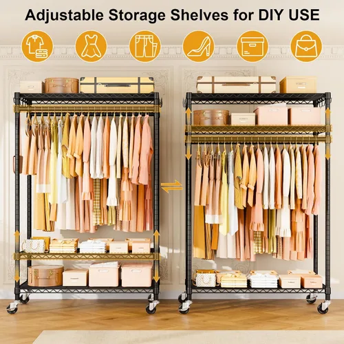 Vista 3 de ULIFHOME P7 - Perchero enrollable para ropa, estantes para colgar ropa, estante resistente para prendas con ruedas, estante de clóset portátil de 3