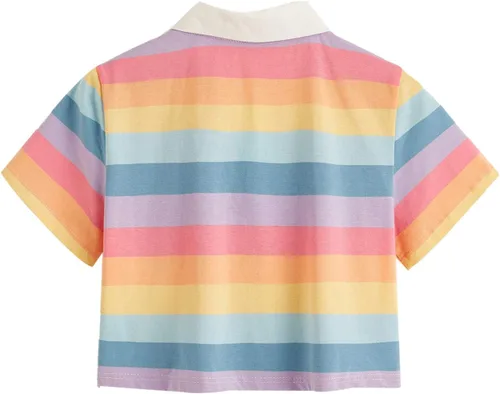 Vista 3 de SweatyRocks - Ombligueras de manga corta, con cuello abotonado y estampado a rayas; para mujer Multi