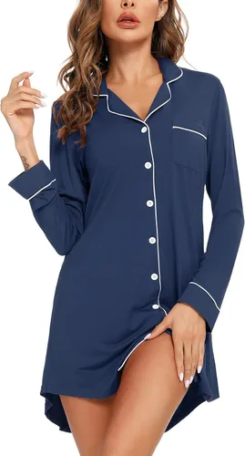 Vista 15 de Samring Camisón de pijama para mujer, manga corta/larga, con botones, camisón para dormir, camisón para novio, talla XXL