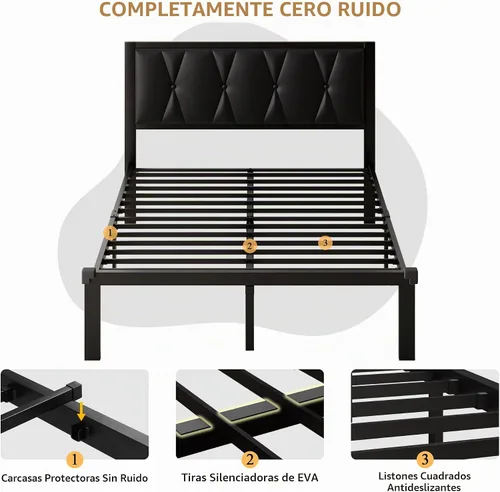 Vista 7 de iPormis Marco de cama tamaño matrimonial de metal, cama con cabecera tapizada con botones de piel sintética, soporte de listones resistentes, 30 cm