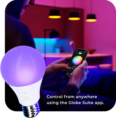 Vista 2 de Bombilla LED Wi-Fi inteligente GLOBE Electric de 10W, RGB multicolor + blanco ajustable 2000K–5000K, forma A19, base E26, control por aplicación +