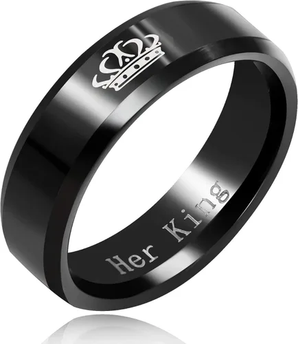 Vista 2 de Uloveido - Juego de 2 anillos para parejas, con grabado her king (el rey de ella) y his queen (la reina de él), hechos de acero de titanio, a juego
