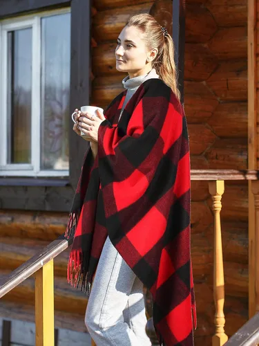 Vista 6 de Woven Knit Buffalo Plaid Poncho Blanket Sweater Poncho Ruana Wrap Shawl Warm for Women