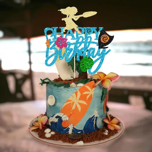 Vista 6 de Gyufise 1 pieza de decoración para pastel de cumpleaños Moana con purpurina de hoja de palma, flor de moana para pastel tropical hawaiano Luau, baby