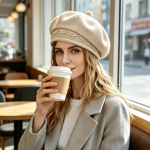 Vista 6 de Sombrero boina para mujer, estilo francés, forro de lana cálido, boina de invierno, moda, gorro tejido de punto Beige
