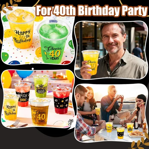 Vista 3 de 50 Piezas Vasos de Plástico para Fiesta de Cumpleaños 40 a Granel, 16 Oz Vasos de Beber Desechables de Plástico Transparente Negro Dorado