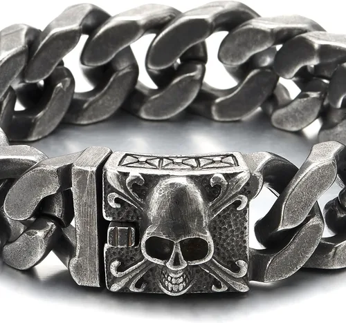 Vista 2 de COOLSTEELANDBEYOND Pulsera de cadena de acero cepillado vintage grande para hombre con flor de lis y calavera