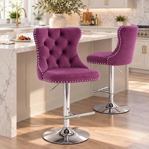 Vista 8 de Taburete de bar moderno giratorio de altura de pub, silla de comedor alta con asiento de terciopelo, respaldo, taburete hidráulico sin brazos Negro