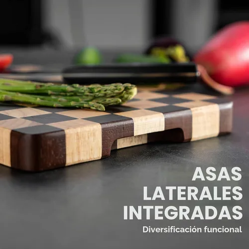 Vista 6 de Tabla de cortar de madera bloque de carnicería, tabla de cortar de madera con patrón de tablero de ajedrez y asas laterales interiores para carne