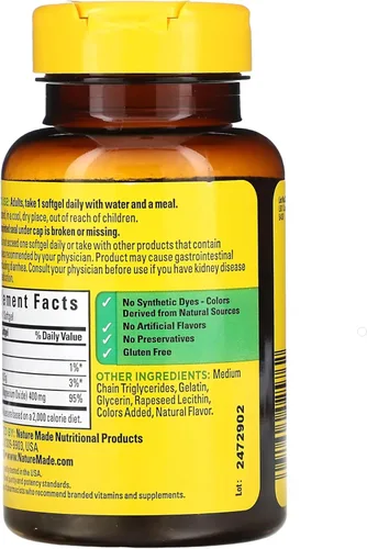Vista 5 de Nature Made Óxido de magnesio extra fuerte 400 mg, suplemento dietético para apoyo muscular, nervio, hueso y corazón, 60 cápsulas blandas
