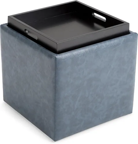 Vista 19 de SIMPLIHOME Rockwood - Otomana de almacenamiento en cubo con bandeja, otomana tapizada de cuero vegano de 17 pulgadas de ancho en marrón envejecido