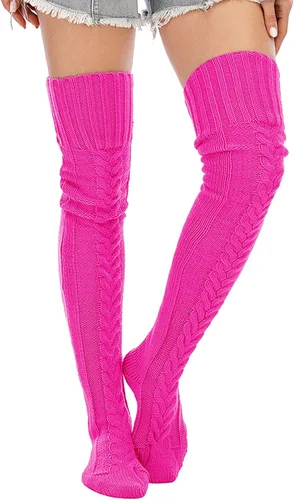 Vista 2 de SherryDC Calcetines altos de punto trenzado para mujer, medias de invierno extra largas sobre la rodilla