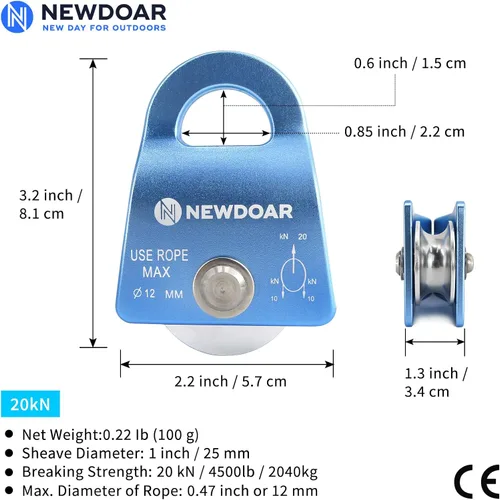 Vista 2 de NewDoar Micro Mobile Single Polea, 20kN (4500 lb) Max Rope 1/2 in para aparejos arboristas escalada rescate, certificado CE
