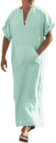 Vista 15 de COOFANDY - Bata de cuello en V de lino para hombre, manga corta, kaftán, thobe, túnica larga, camisa casual para playa, verano 01-Blanco