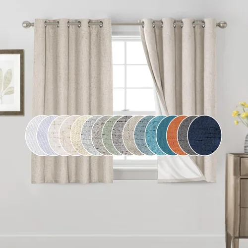 Vista 141 de Cortinas con textura de lino 100% opacas de 64 pulgadas de largo, juego de 2 paneles de cortinas de lino opacas con forro aislante térmico que Arena