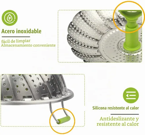 Vista 4 de Cesta de vapor plegable de acero inoxidable (7-11 pulgadas) con mango resistente al calor, ideal para cocinar mariscos, verduras, frutas, expandible