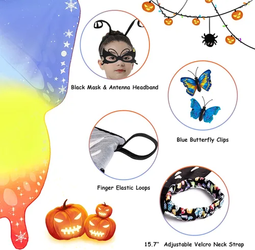 Vista 4 de Tibeha Disfraz de alas de mariposa para niñas capa de Halloween con máscara clips para la cabeza diadema de antena